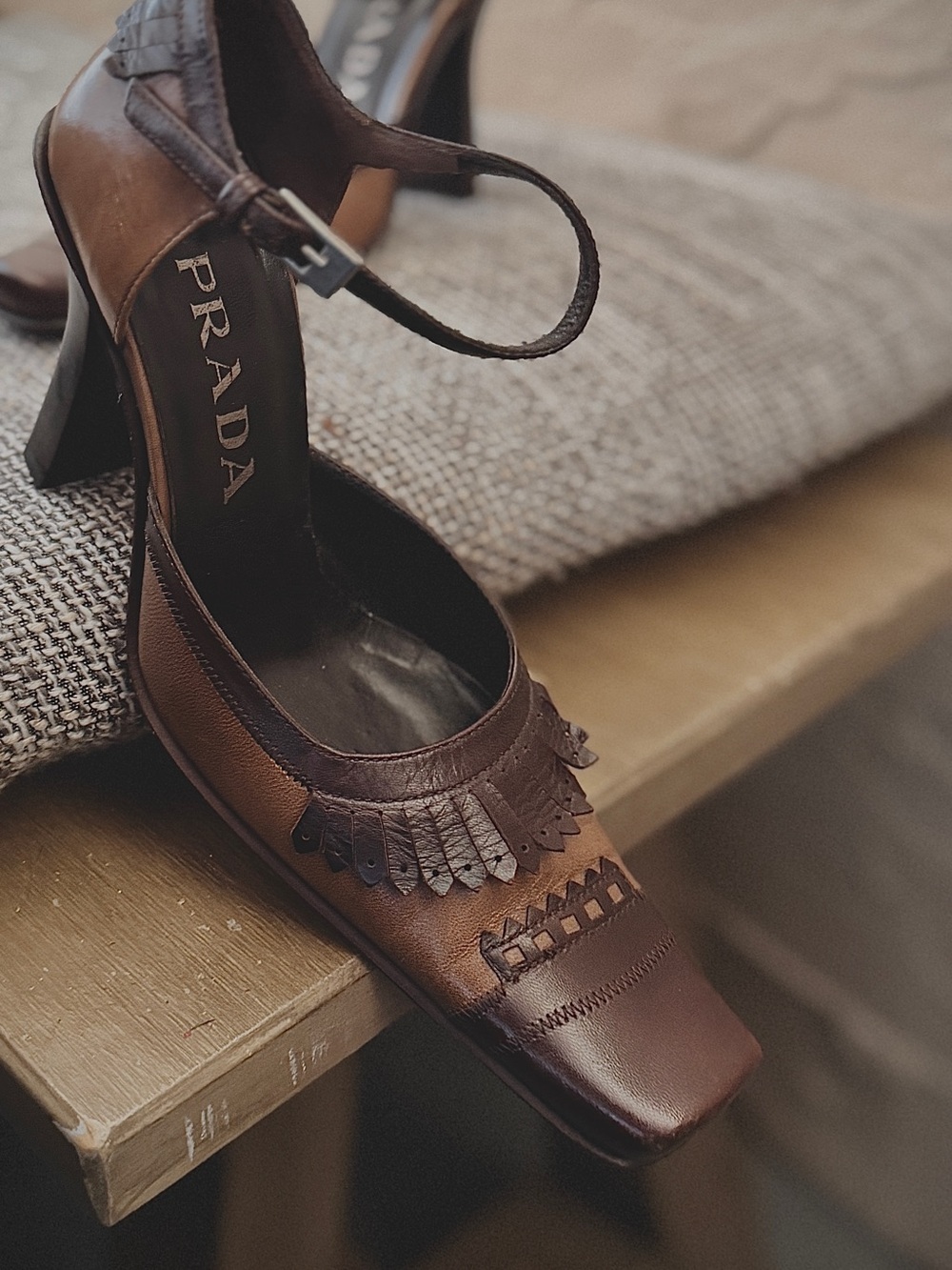 Prada Brown Leather Kiltie Ankle-Strap Heels